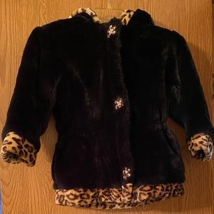 Little girls black faux fur hooded coat with animal print trim. Size 4-6